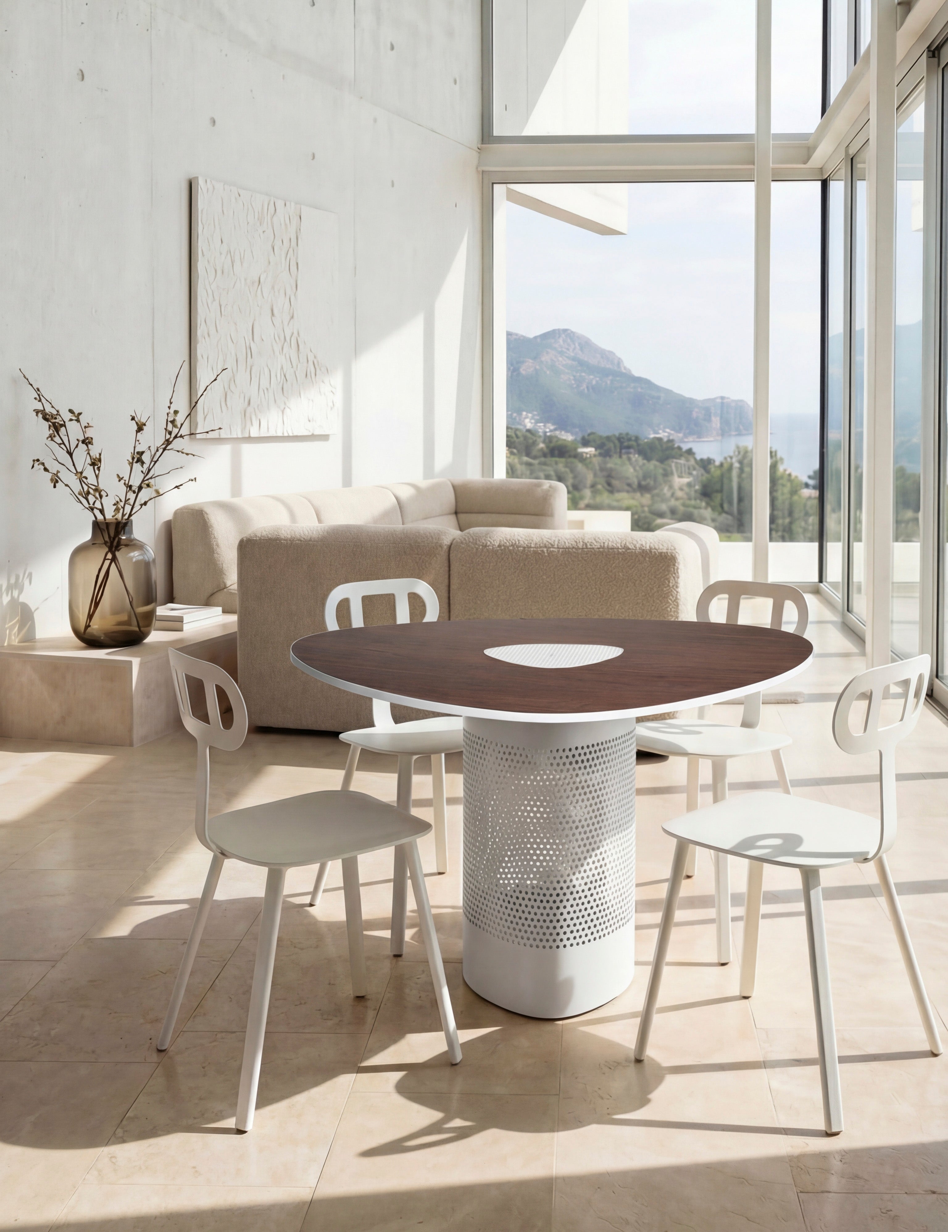 Mesa Forats Oval Blanco Suave y Nogal